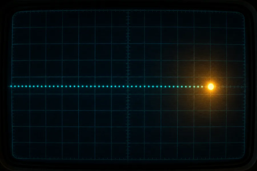 Oscilloscope screen: a long row of small dim blue dots running left to right across a dark grid, and one bright amber dot blazing at the far right end.