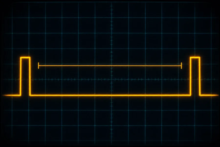 Oscilloscope screen: two tall amber pulses far apart on a dark navy grid, with a thin measuring bar drawn between them.